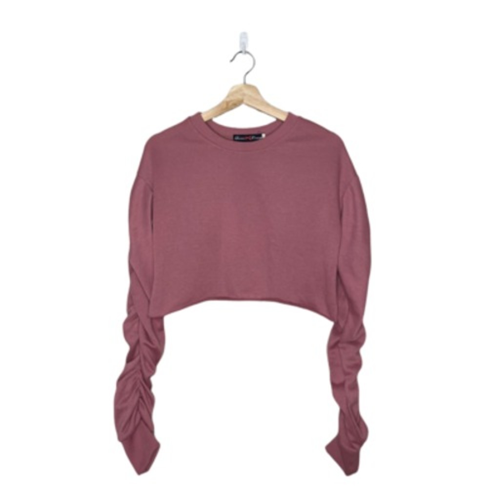 Roma Concepts Sweatshirt Sweater Women Small Pink Ruched Sleeve Cropped Casual